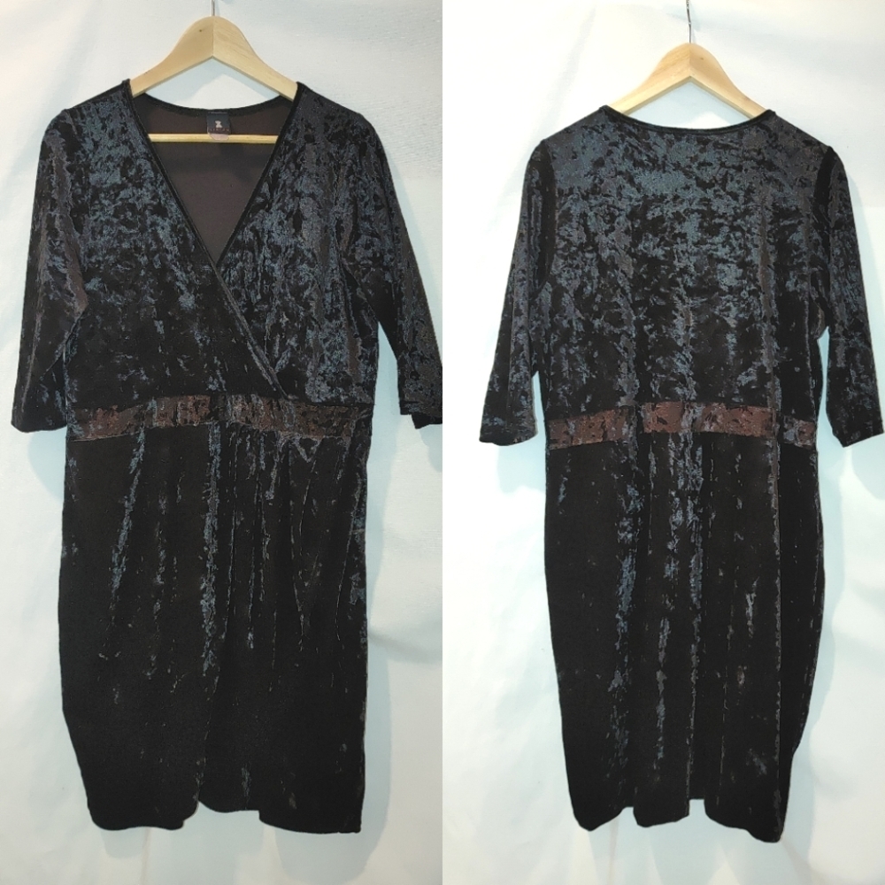 Libian‎ Black Velvet Faux Wrap Dress Elbow Sleeve Tulip Knee Length Hem Boutique